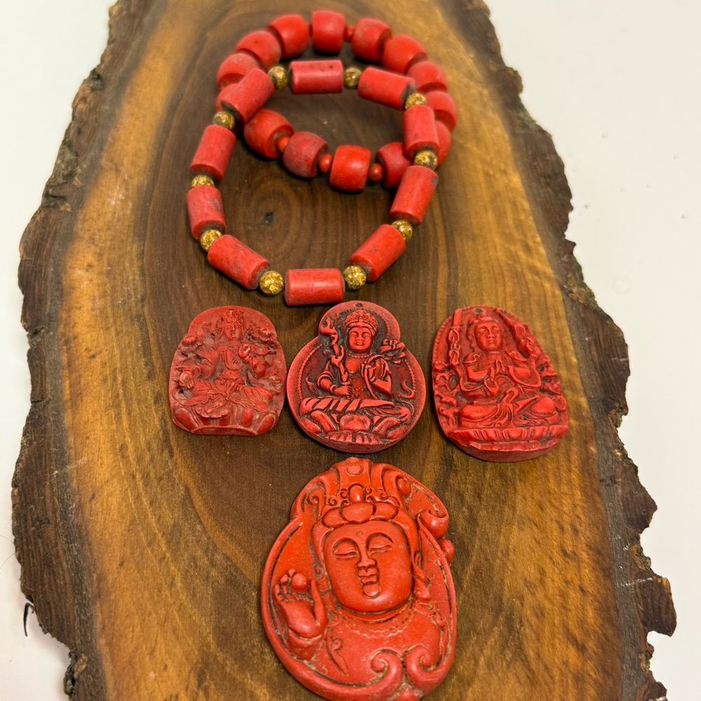 Red Beaded Bracelets and (4) Buddha Pendants